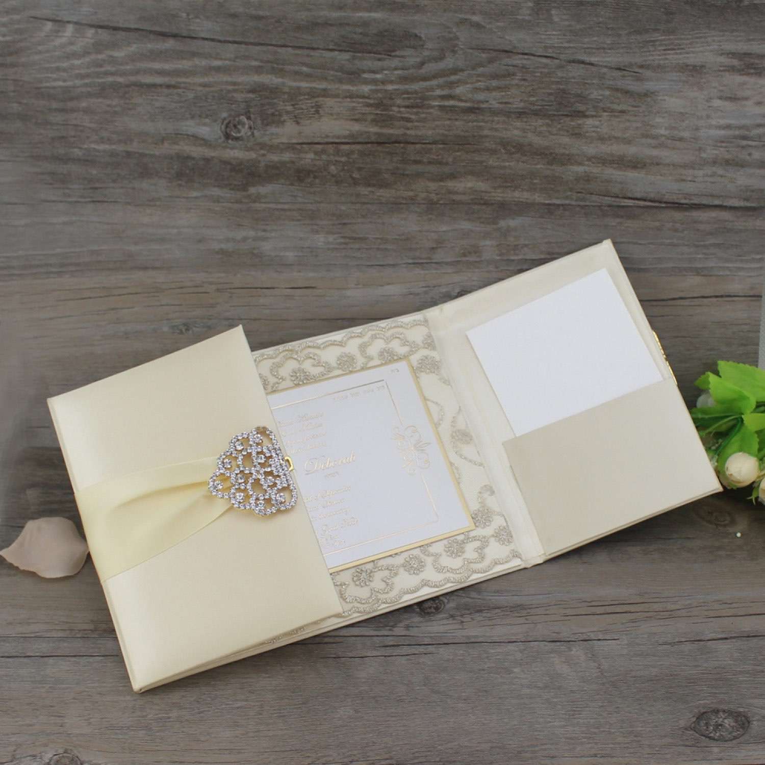 Silk Invitation Card with Paper Pocket Champagne Wedding Card Customized